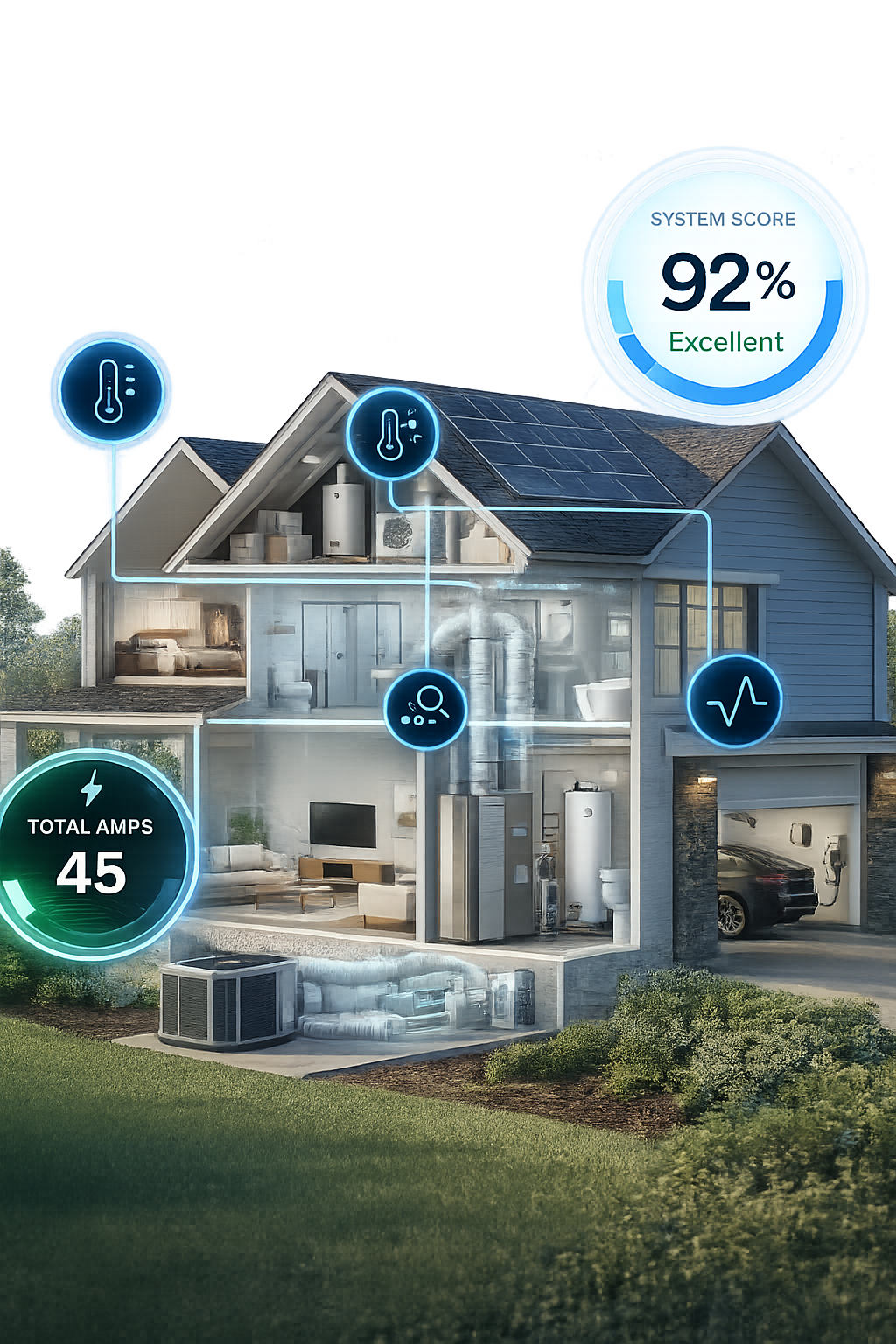Modern connected home with transparent HVAC equipment overlay, total amps, and system score